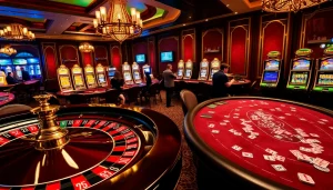 Số Đỏ 66 gaming experience with players at elegant casino tables and slot machines.
