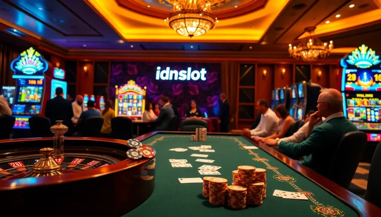 Experience thrilling gaming moments with idnslot's vibrant casino atmosphere featuring poker chips and slot machines.