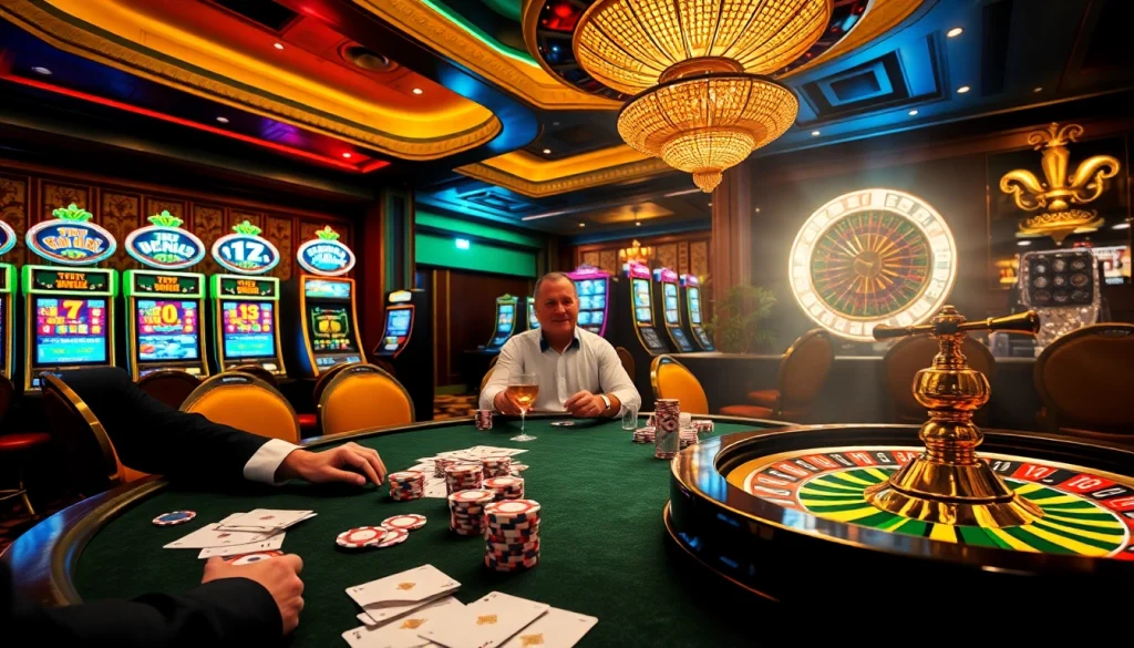 Action at the poker table in an upscale casino environment featuring onicplay themes.