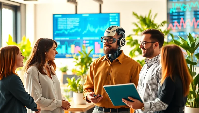 Dynamic interaction of AI Employee in a collaborative office environment showcasing teamwork.