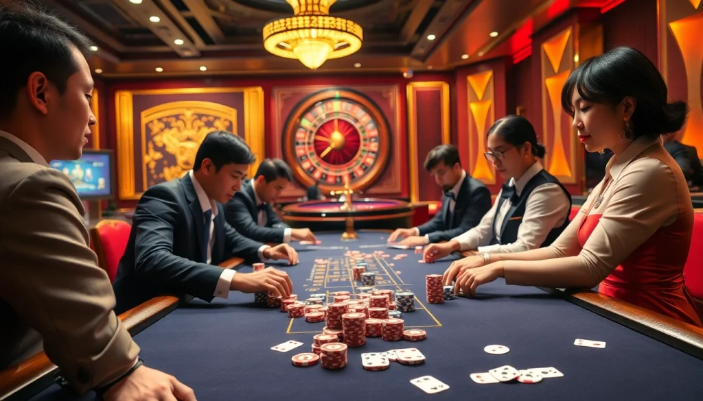 TT88-themed casino scene showcasing players at a vibrant gambling table filled with poker chips.