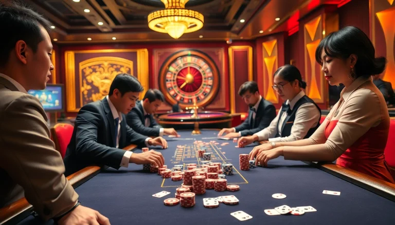 TT88-themed casino scene showcasing players at a vibrant gambling table filled with poker chips.