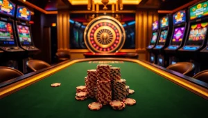 Top club poker scene with vibrant table, chips, and spinning roulette wheel.