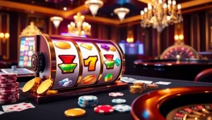 NAGA169 slot online with an elegant casino backdrop featuring vibrant slot machine reels and casino elements.