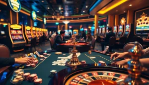 Experience excitement at https://soibet.vision/ with vibrant casino games, poker chips, and roulette wheel.