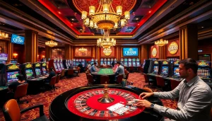 Experience the excitement at QH88 casino featuring vibrant gaming tables and slot machines.
