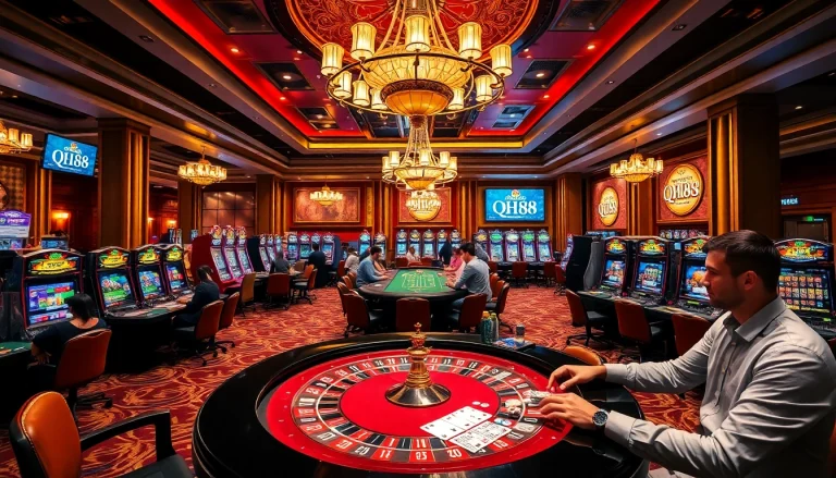 Experience the excitement at QH88 casino featuring vibrant gaming tables and slot machines.