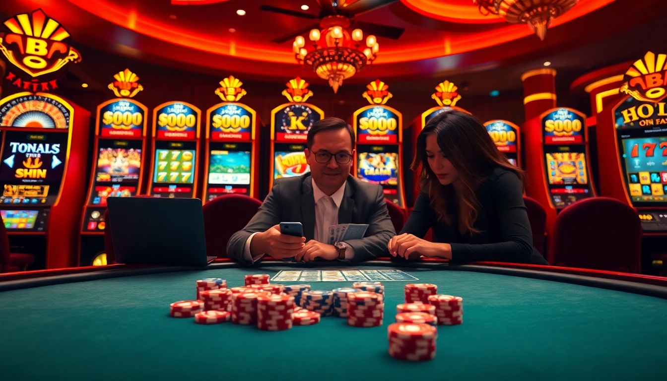 Scène passionnante de casino en ligne argent réel France avec des jetons de poker, des cartes et des machines à sous lumineuses.