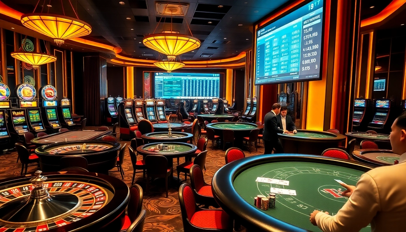 Experience the excitement of SHBET with vibrant casino gaming tables and modern online interfaces in a luxurious setting.