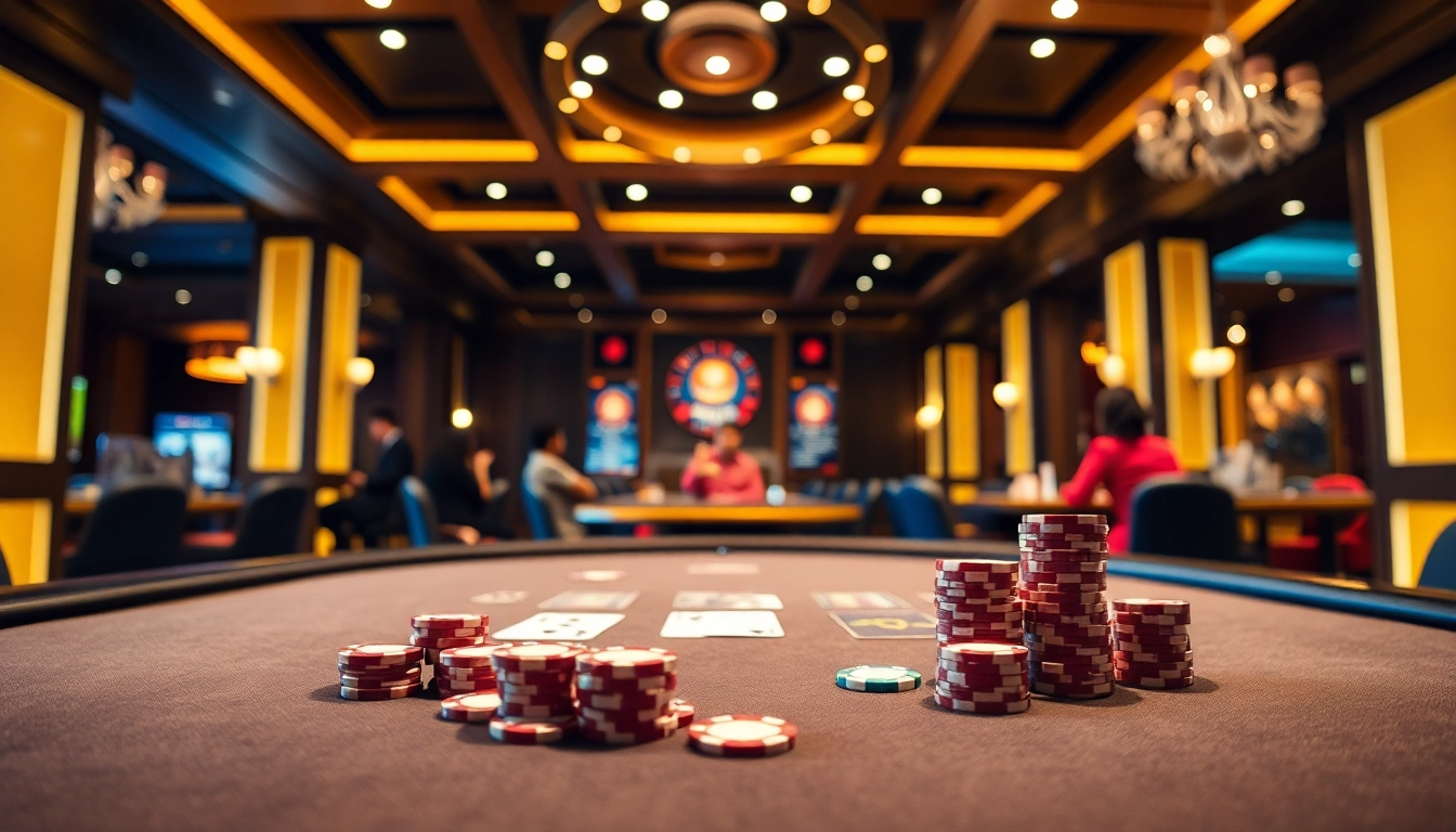 Casino bonus ohne einzahlung neu: Table with chips and cards in an elegant casino setting.