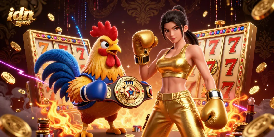 Engage with idn slot excitement featuring vibrant 3D illustration of a champion duo and slot elements.