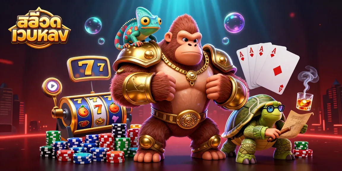 Engaging illustration of สล็อตเว็บตรง featuring a powerful gorilla in armor, slot symbols, and action elements.