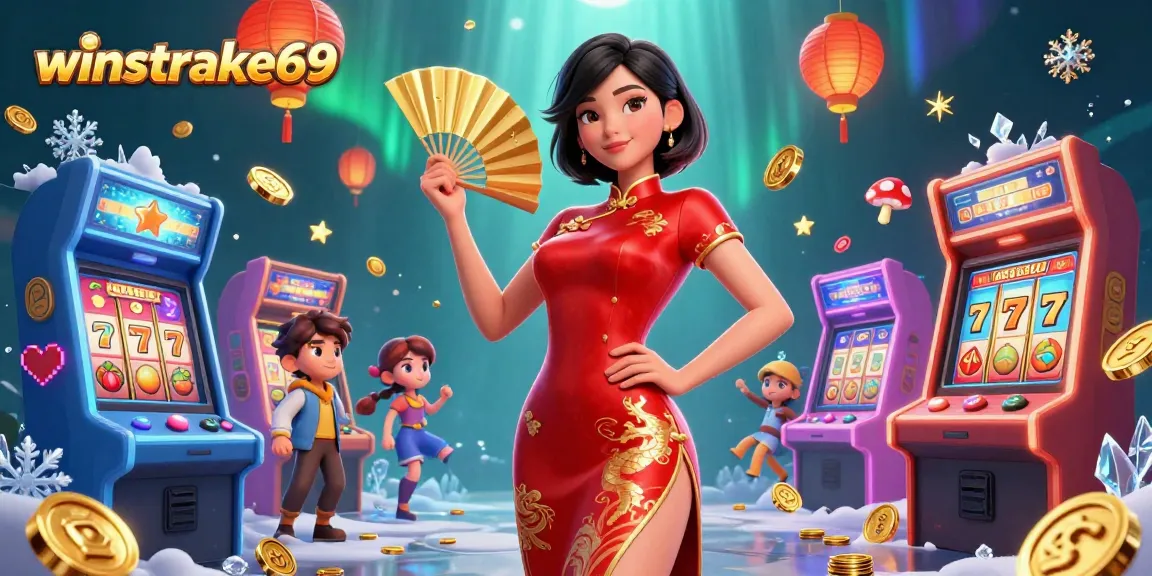 Winstrike69 showcases an engaging casino scene featuring vibrant slot machines and dynamic characters.
