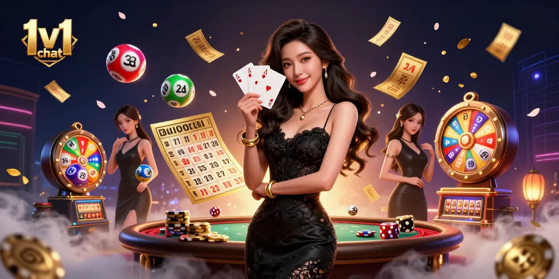 Engage in exciting 1v1 chat moments with lively characters and vibrant casino imagery.