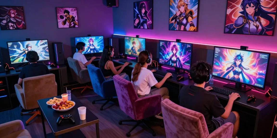 Diverse players engaged in an adult game session in a vibrant gaming lounge with interactive visual novels.