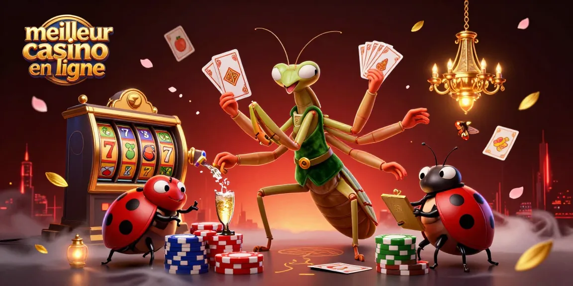 Illustration d'un géant mante religieux aux cartes représentant le meilleur casino en ligne, entouré de rouleaux de machines à sous.