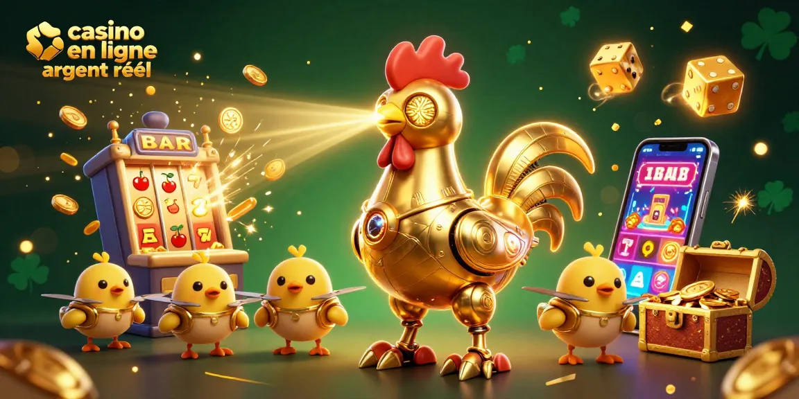 Plongez dans le monde du casino en ligne argent réel avec un robot coq doré et des symboles lumineux d'aventure.