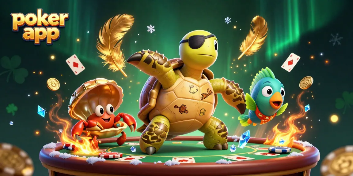 Gioca con la poker app in un'illustrazione vivace di un tartaruga pirata, granchio e pesce pappagallo sopra le fiches da poker.