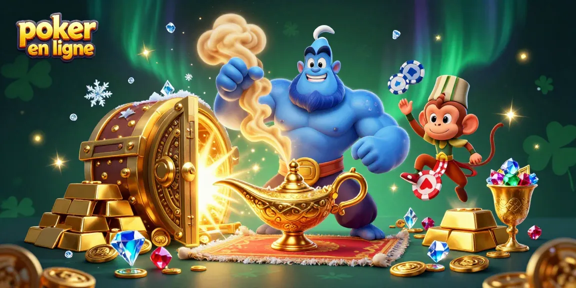 Jouez au poker en ligne tout en admirant une scène dynamique avec des trésors étincelants et des personnages colorés.