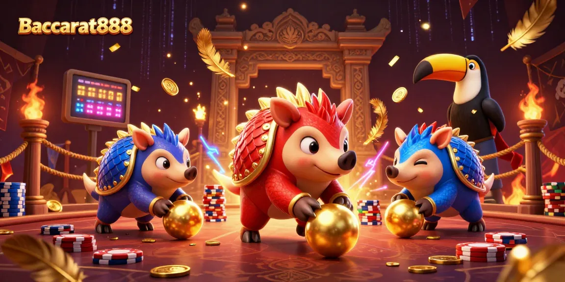 Baccarat888 pangolins bowling through poker chips in a dynamic casino scene.