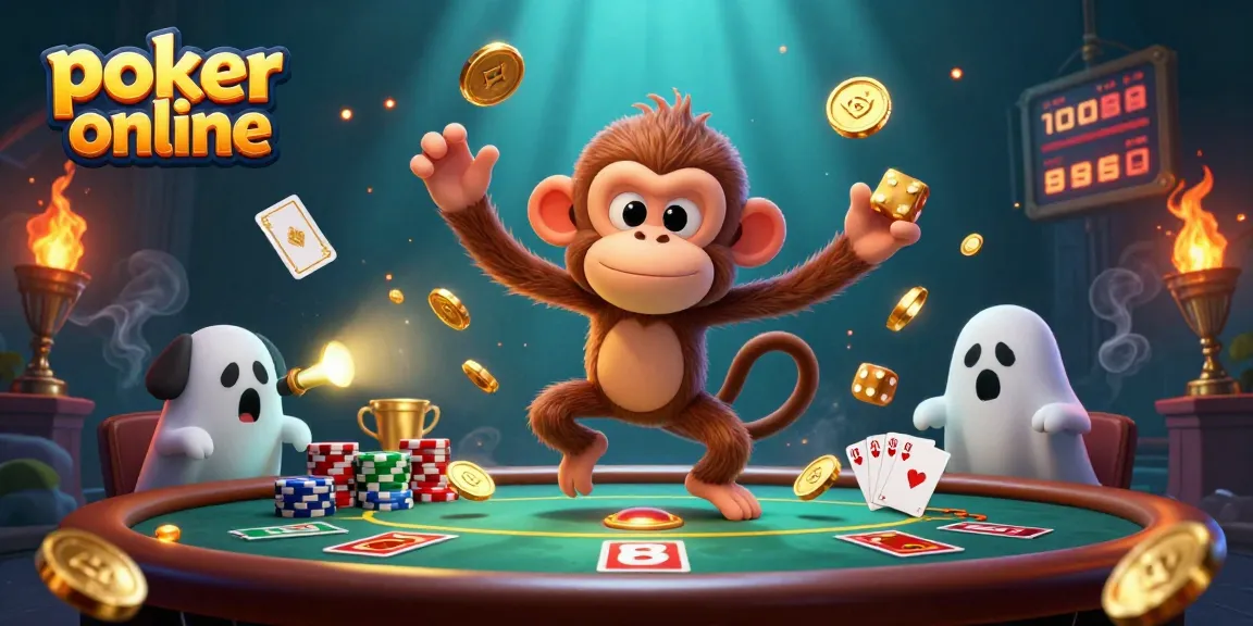 Jouez au poker en ligne avec cette illustration dynamique et colorée, mettant en scène un singe poltergeist amusant et un chiot chasseur de fantômes.