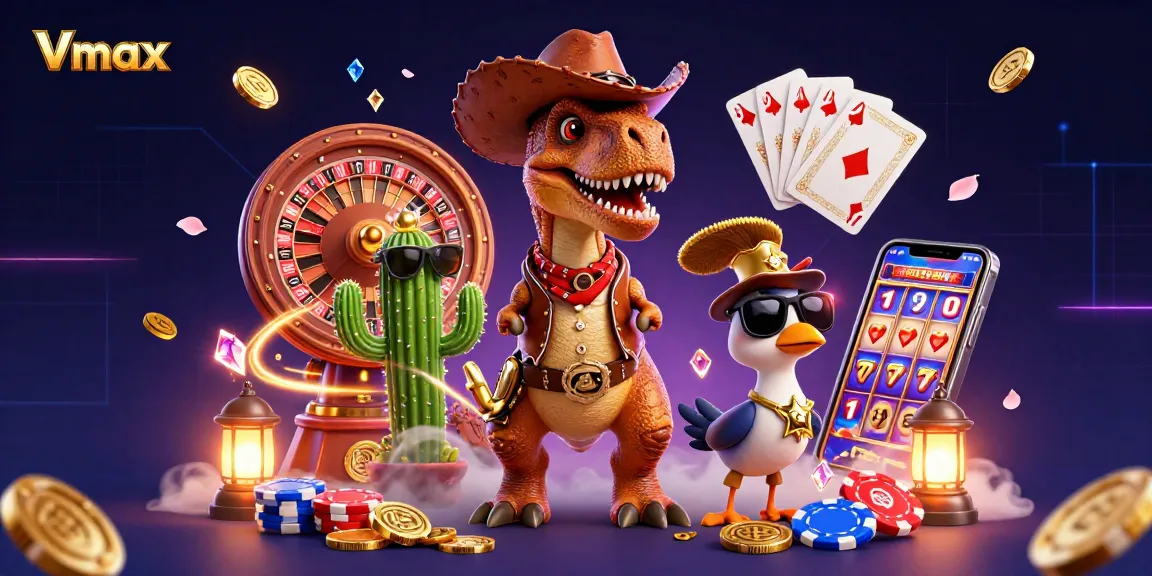Experience exciting Vmax gaming with a dinosaur, cactus, and roadrunner amidst golden coins and colorful chips.