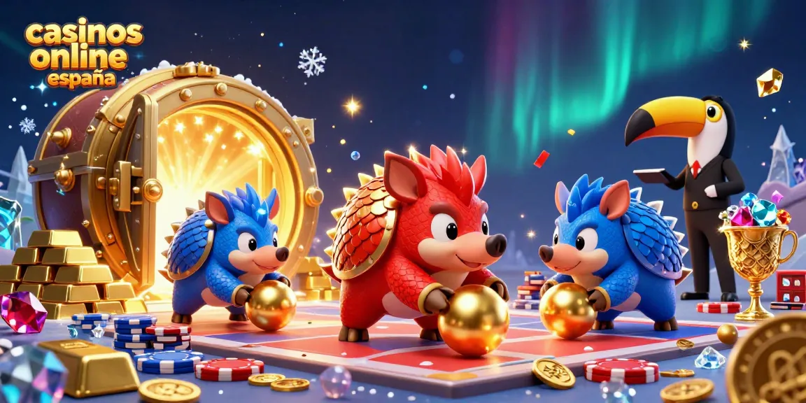 Disfruta de la emoción de los casinos online en España con una ilustración dinámica de pangolines y fichas.