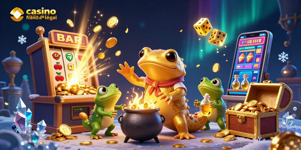 Illustration dynamique de casino en ligne légal en France, présentant un alchimiste géant et ses assistants en pleine transformation d'argent en gains.