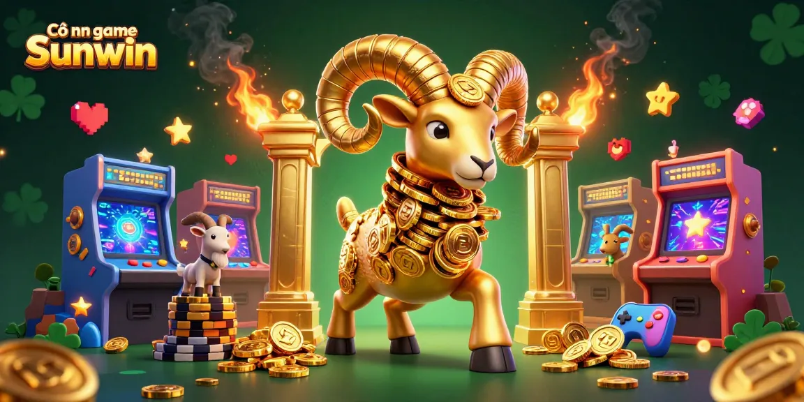 Cổng game Sunwin features an exciting 3D casino atmosphere with a golden ram and arcade machines.