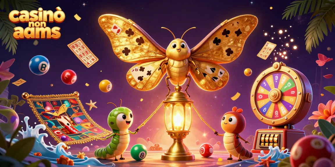 Casinò non AAMS presenta un mitico falena d'oro tra scene di gioco e sfere numerate.