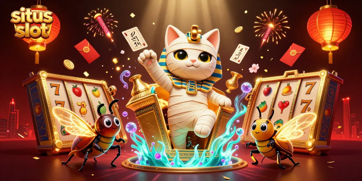 Experience excitement at this situs slot with a mummy cat and scarab beetle amidst vibrant casino elements.