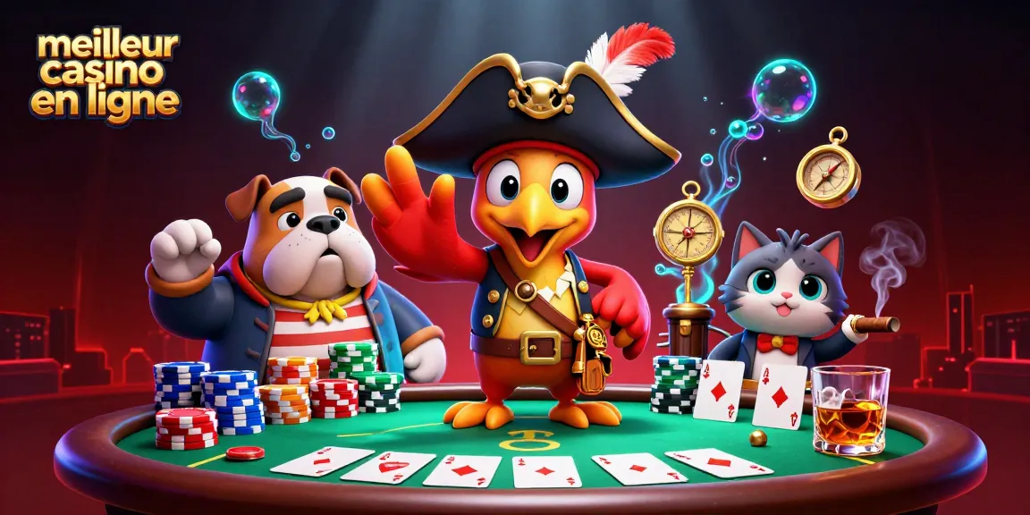 Illustration dynamique pour le meilleur casino en ligne, mettant en scène des personnages colorés autour d'une table de poker.