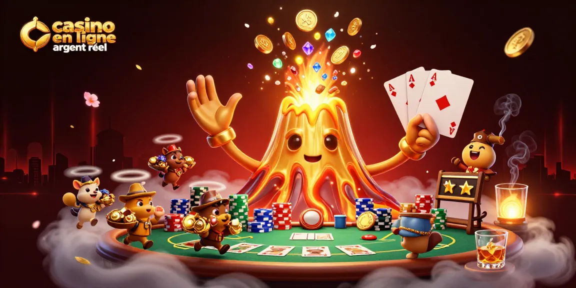 Découvrez l'explosante image d'un volcan doré représentant un casino en ligne argent réel, remplie de trésors et de jeux de poker.