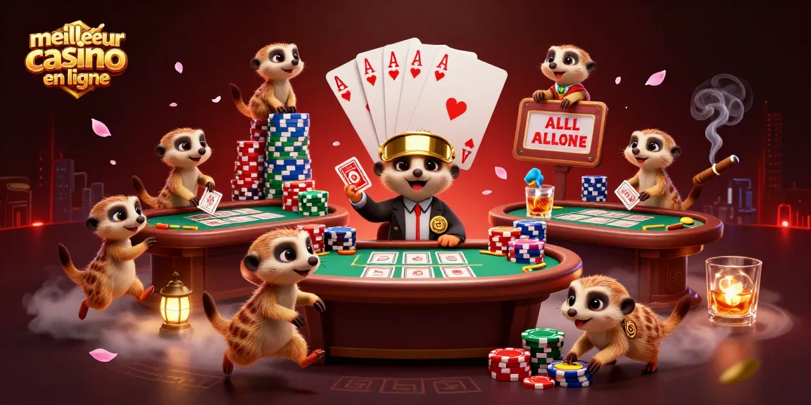 Découvrez le meilleur casino en ligne avec cette illustration dynamique de suricates s'affairant autour de tables de poker.