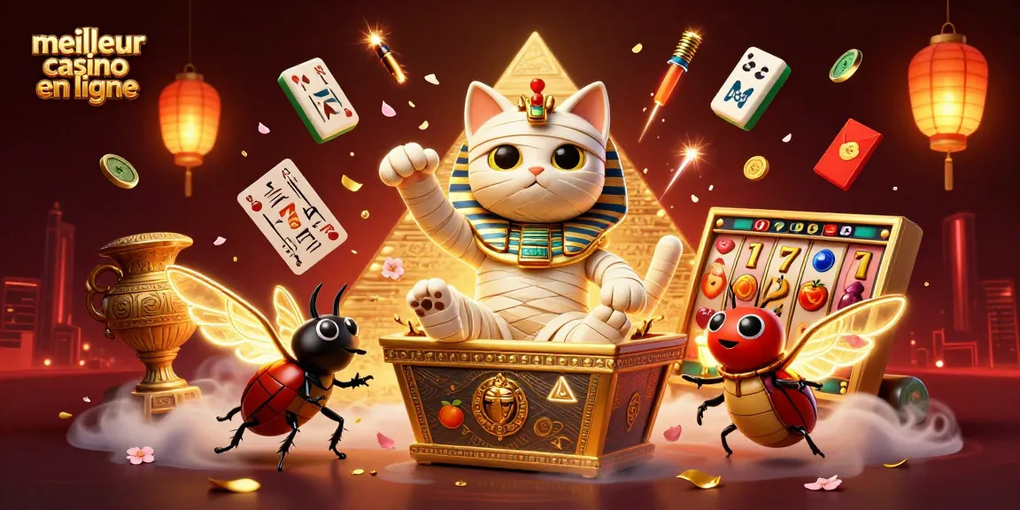 Visualisez le meilleur casino en ligne avec un chat momie égyptien, des rouleaux de machines à sous et une ambiance festive.