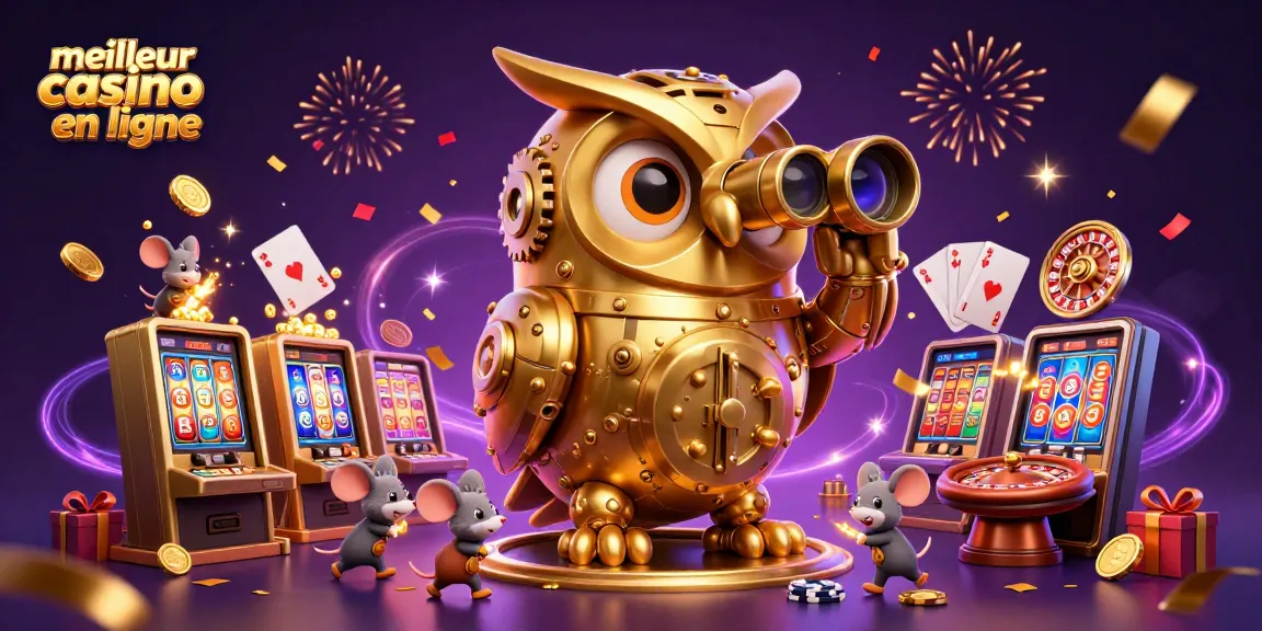 Découvrez le meilleur casino en ligne avec une scène animée d'une chouette dorée et mini-joueurs.