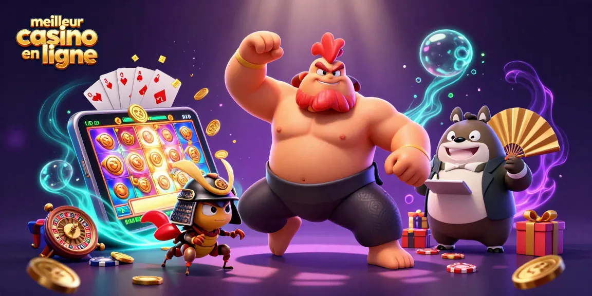 Illustration vibrante du meilleur casino en ligne avec un sumo imposant et un cric samouraï