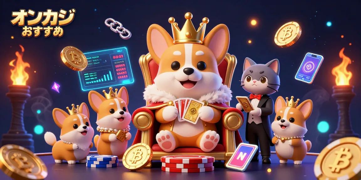 オンカジ おすすめのカジノゲームを楽しむワンシーン、コーギー王と猫バトラーが登場。
