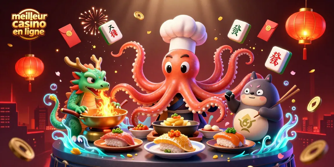 Jouer aux jeux dans le meilleur casino en ligne, avec un chef sushi et un dragon.