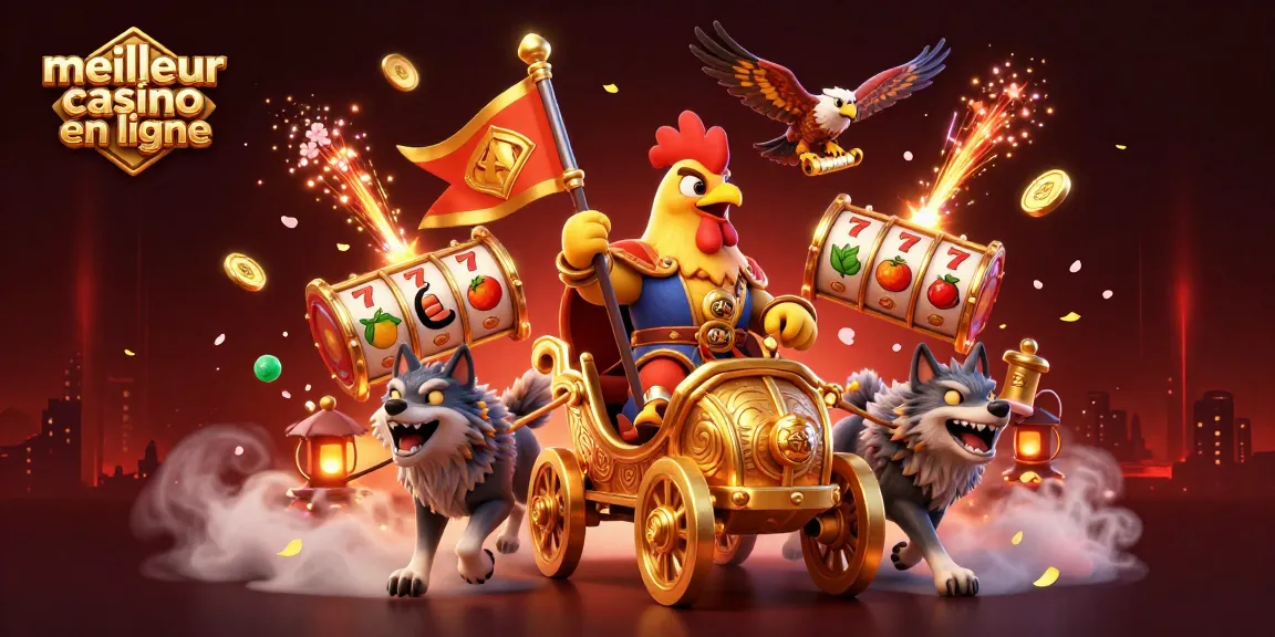 Découvrez le meilleur casino en ligne avec cette illustration 3D captivante, représentant un seigneur coq dans un chariot doré entouré d'éléments de jeux.