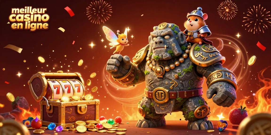 Illustration d'un golem de casino 3D vivant, accompagné d'une fée et un hamster chevalier, symbolisant le meilleur casino en ligne.