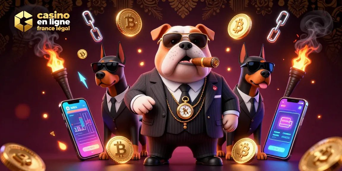 Découvrez le casino en ligne France légal avec un bulldog mafieux et des pièces de crypto-monnaies scintillantes.