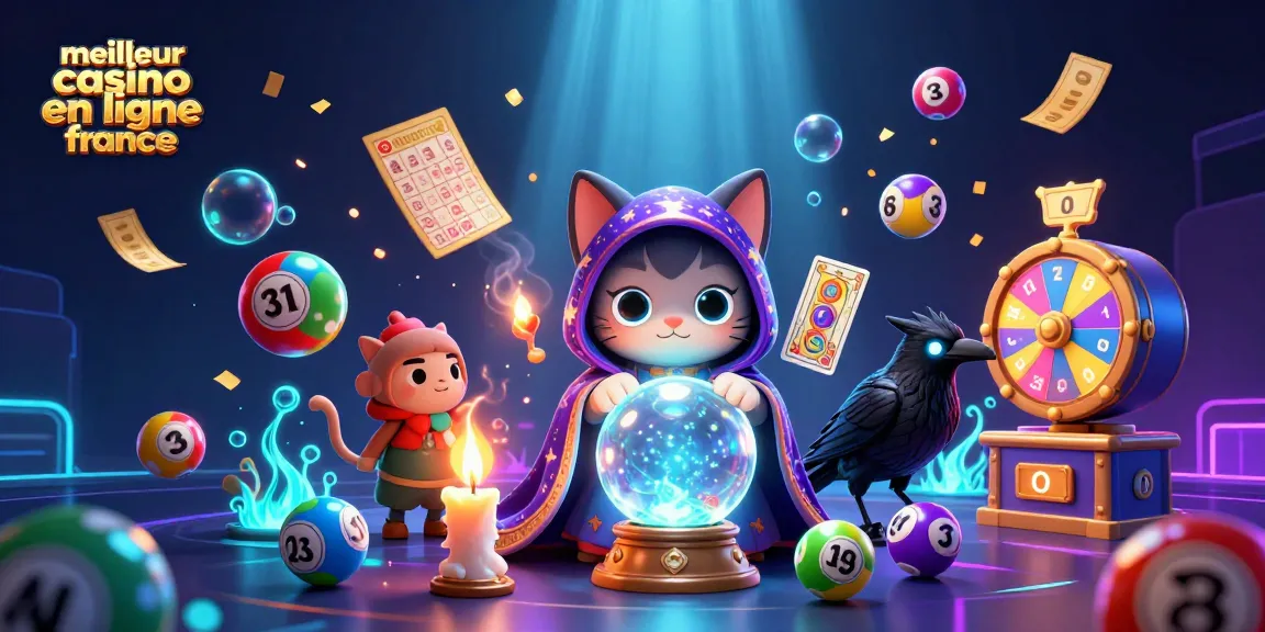 Illustrez le meilleur casino en ligne France avec des éléments de loterie colorés et des créatures mystiques.
