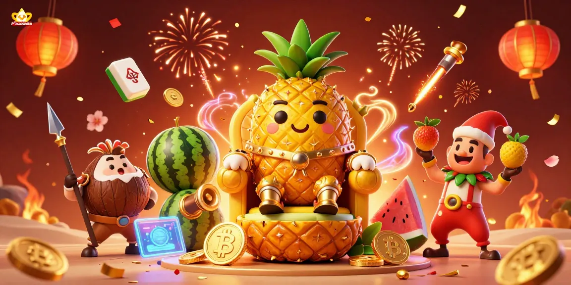 Les crypto casinos avec un roi ananas doré sur un trône de fruits, entouré de pièces Bitcoin et Ethereum.