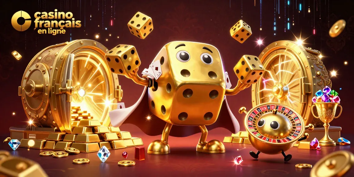 Jouez sur un casino francais en ligne avec une scène dynamique de dés dorés et éléments scintillants.