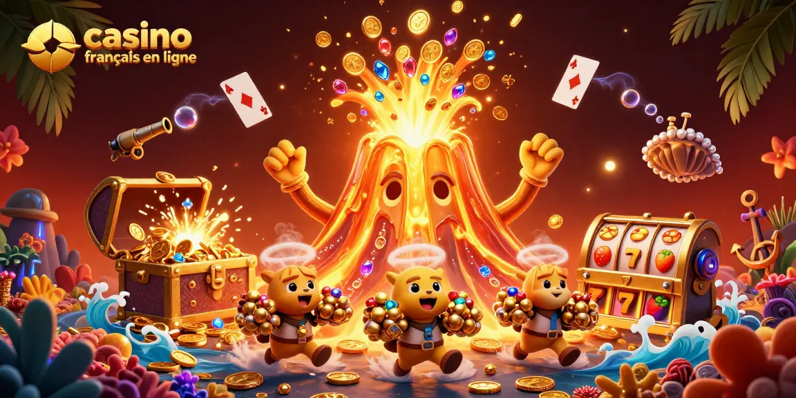 Plongez dans l'univers du casino français en ligne avec ce volcan doré, émergeant d'un océan de trésors.