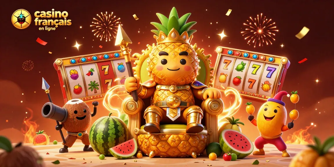 Jouez aux jeux de casino français en ligne avec le roi ananas entouré de gardes et de confettis dorés !