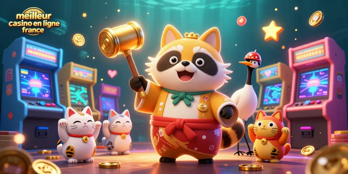 Illustration d'un tanuki joyeux et chanceux représentant le meilleur casino en ligne France.