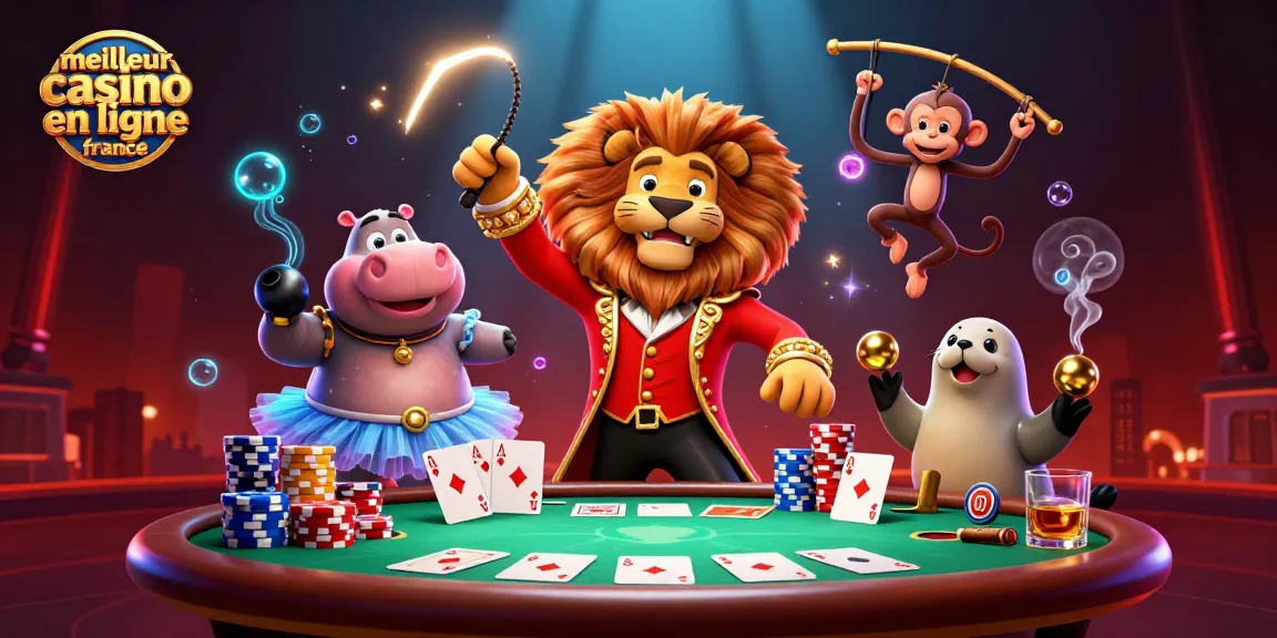 Illustrez "meilleur casino en ligne france" avec un lion, un hippopotame en tutu, un singe et une otarie, entourés de jeux de casino.