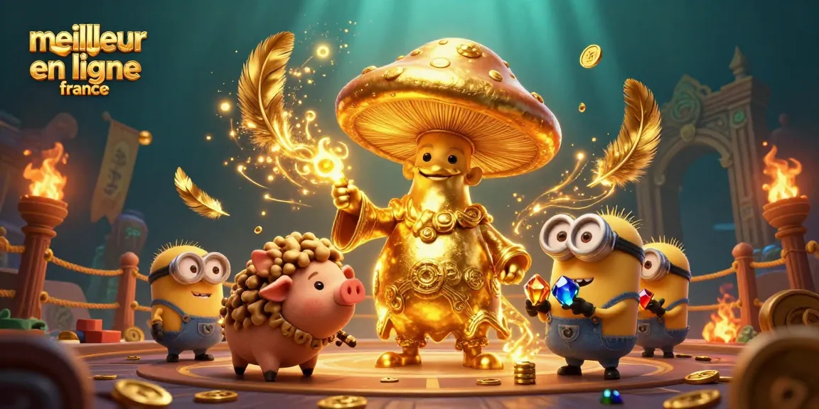 Illustration artistique d'un meilleur casino en ligne France avec un mage doré et un cochon de truffe cherchant des trésors.